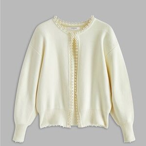 Commense Pearl Trim Ripped Hem Cardigan